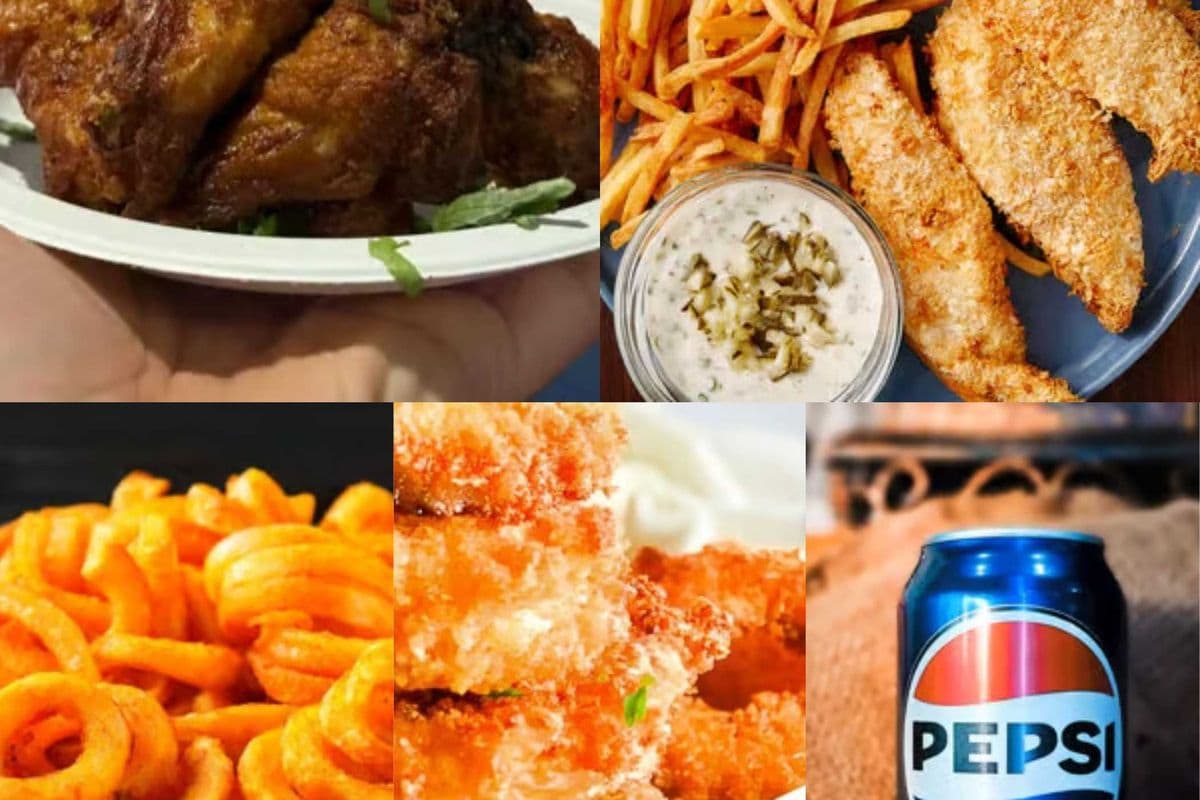 8 piece wings, Mix sides, 3 piece Chicken strips, and can of pop