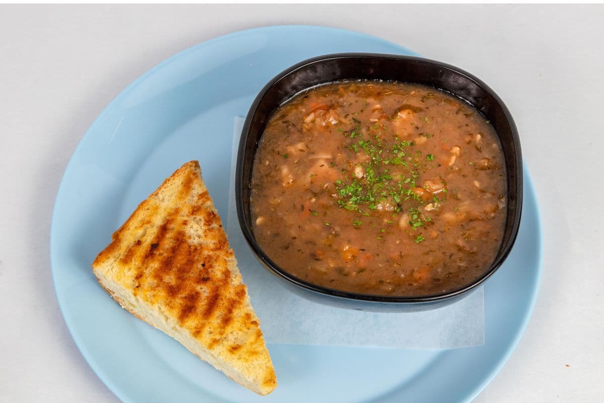 Beef Barley Soup with Garlic Bread