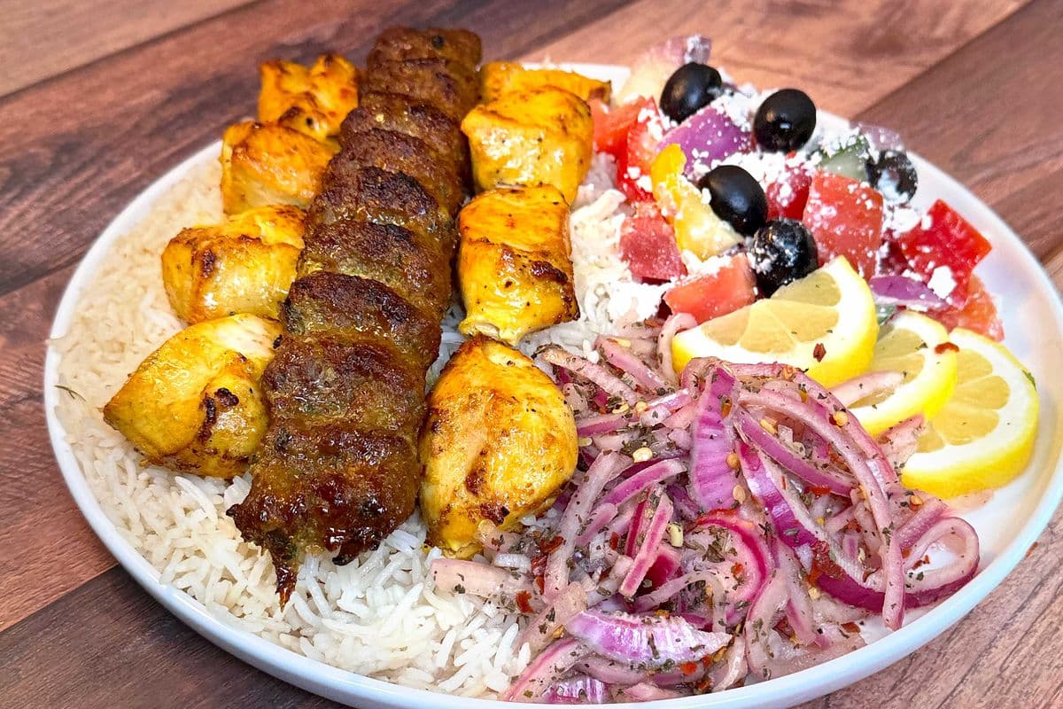 # 16 MIX KEBAB PLATE TWO SKEWER CHICKEN AND G /BEEF
