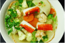 41. Pork Wonton Soup with Shrimp, Crab Sticks, Pork Sausage, and Vegetables