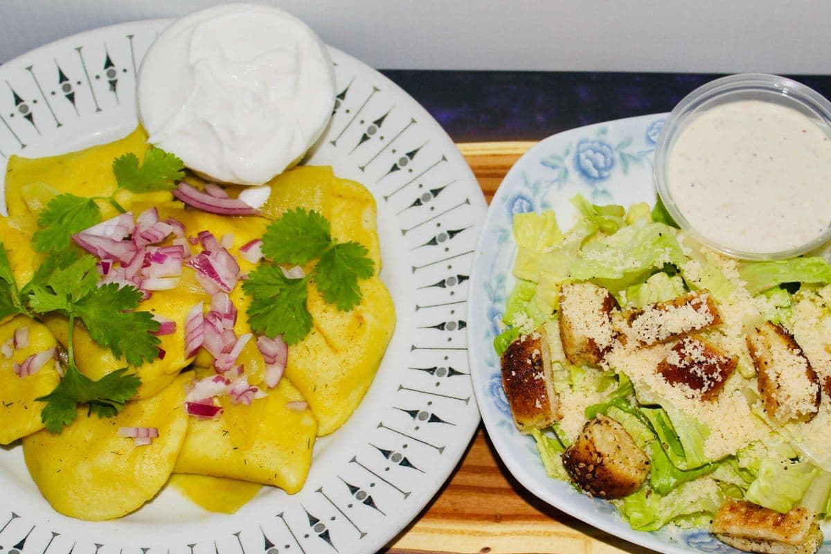 potato bacon Pirogies and Caesar salad