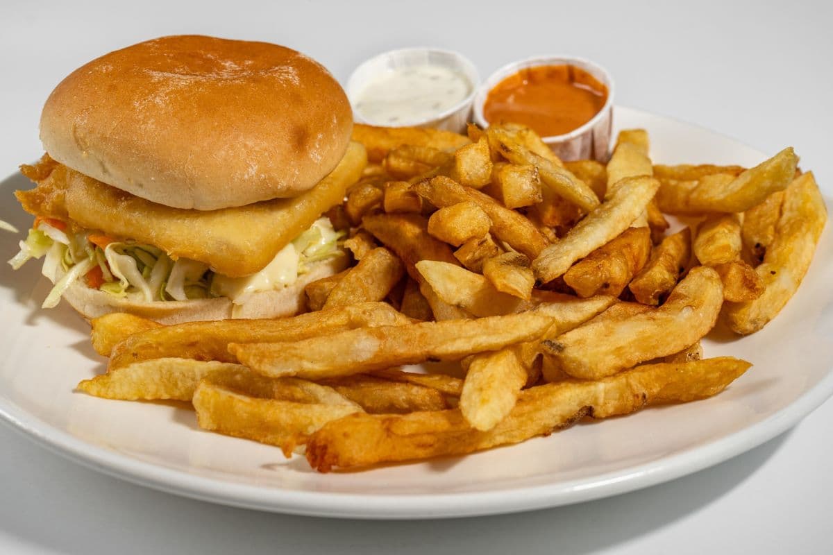 Halibut Fish Burger and Chips