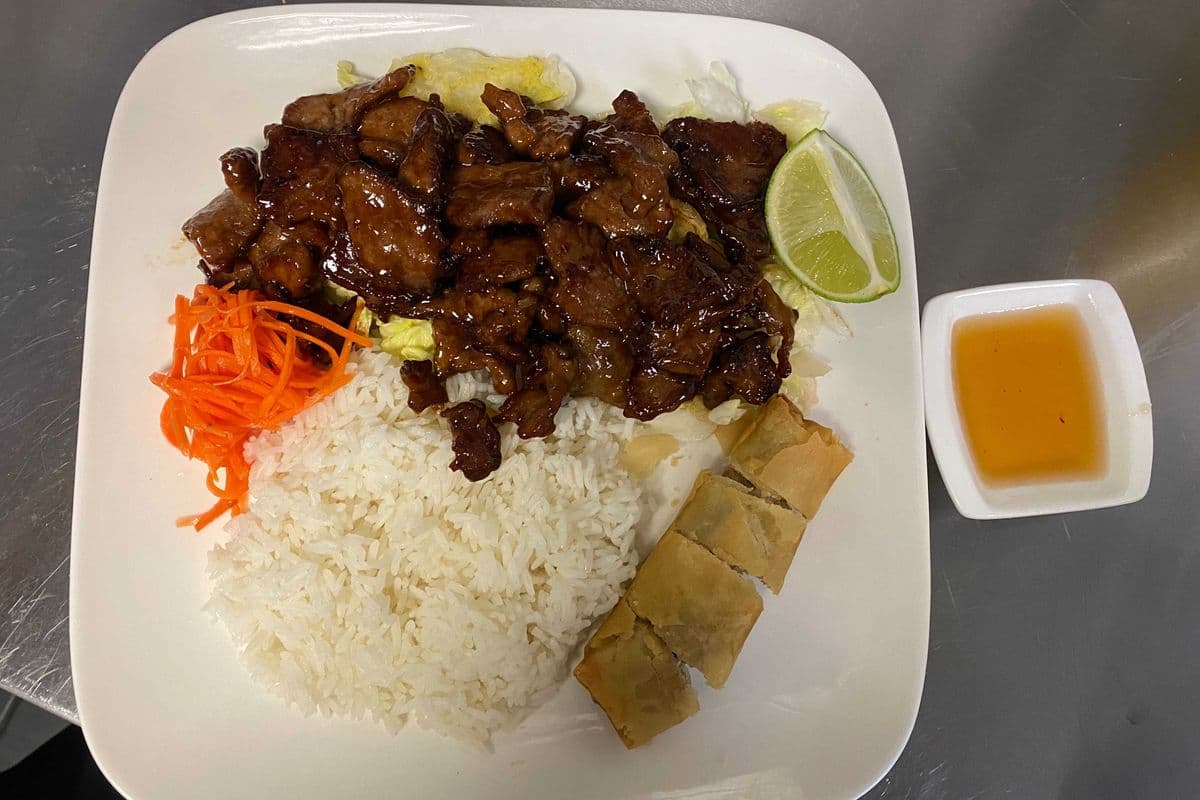 T9. Chicken or Beef Teriyaki with Rice & Pork Spring Rolls