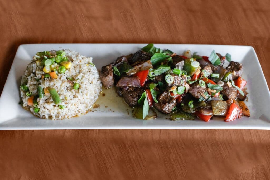 J. Classic Shaken Beef with Fried Rice (Bo Luc Lac)