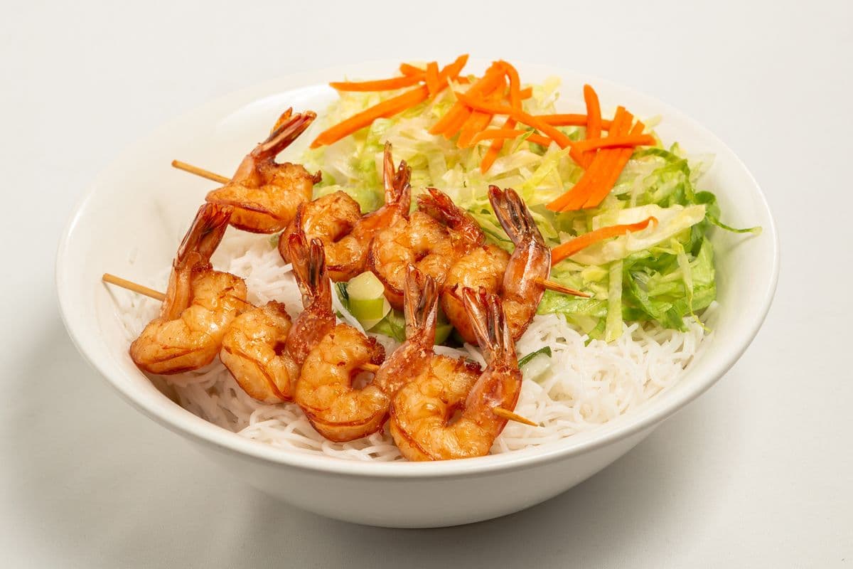 V10. Grilled Prawn (2 Skewers) on Rice Vermicelli