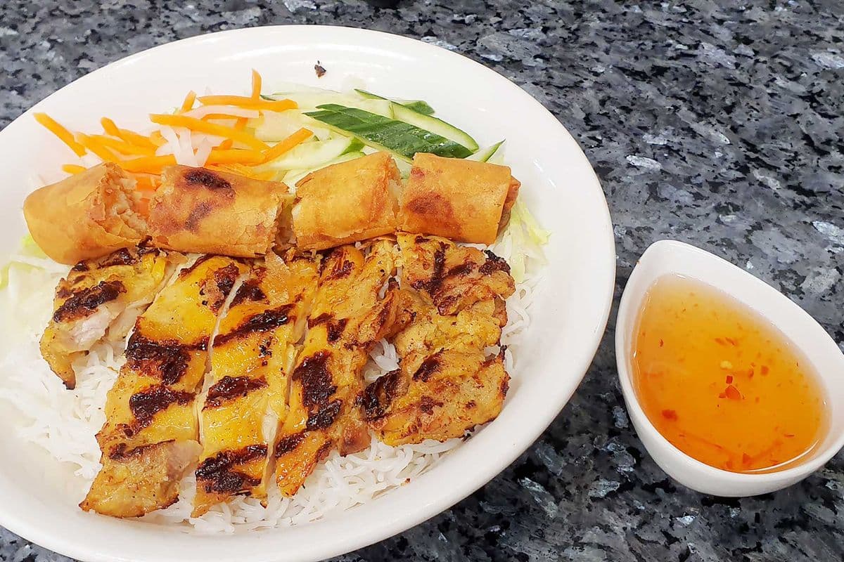 41a. Grilled Lemongrass Chicken and Spring Rolls On Vermicelli - Bun Ga, Cha Gio