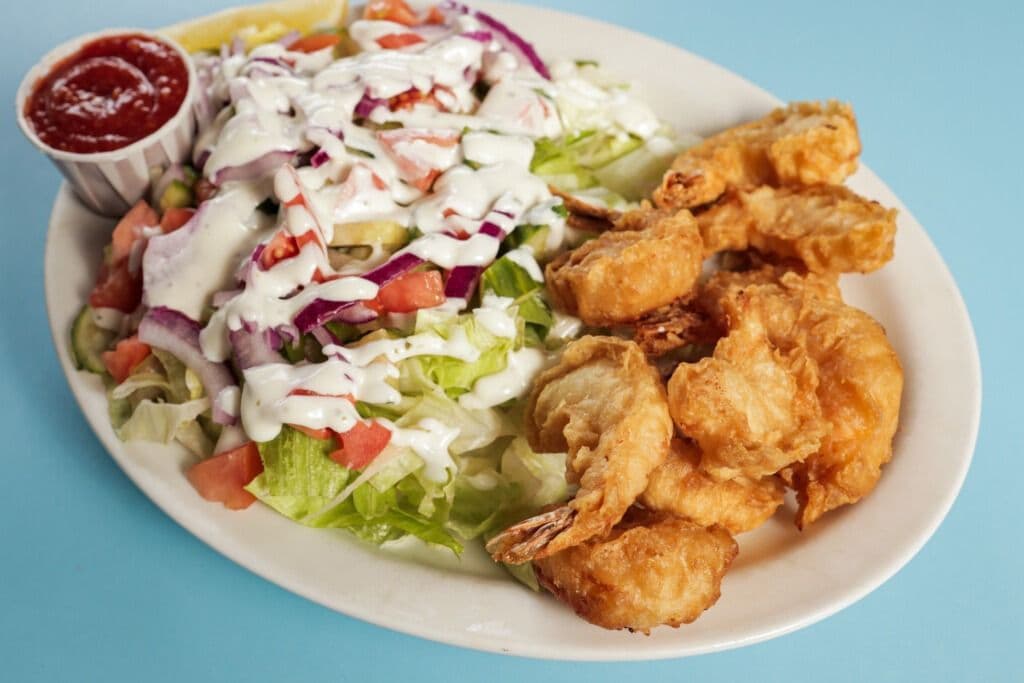 Nine Shrimp or Scallops and Salad