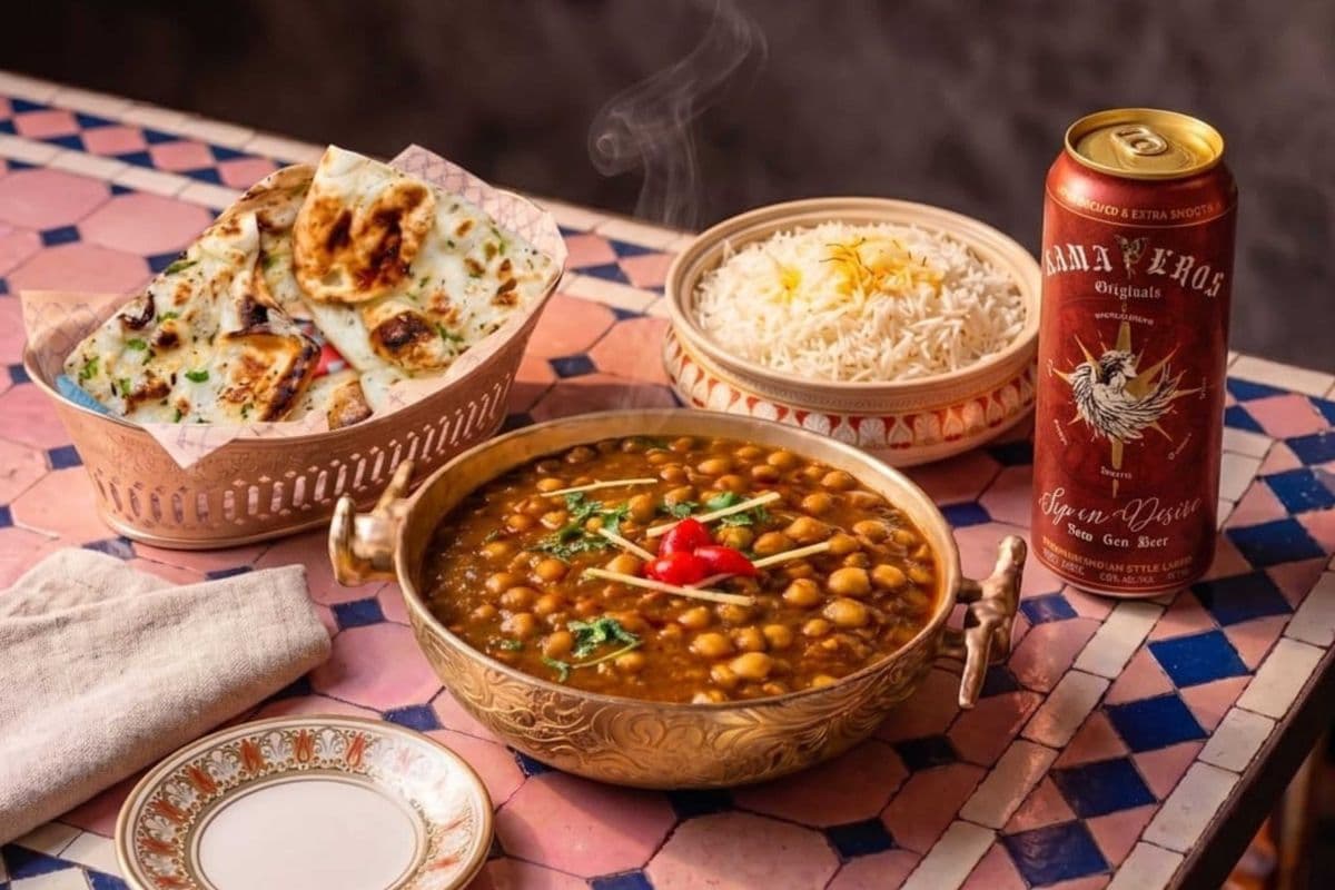 KAMA EROS INDIAN BEER WITH CHANA MASALA PLAIN BASMATI RICE GARLIC NAAN
