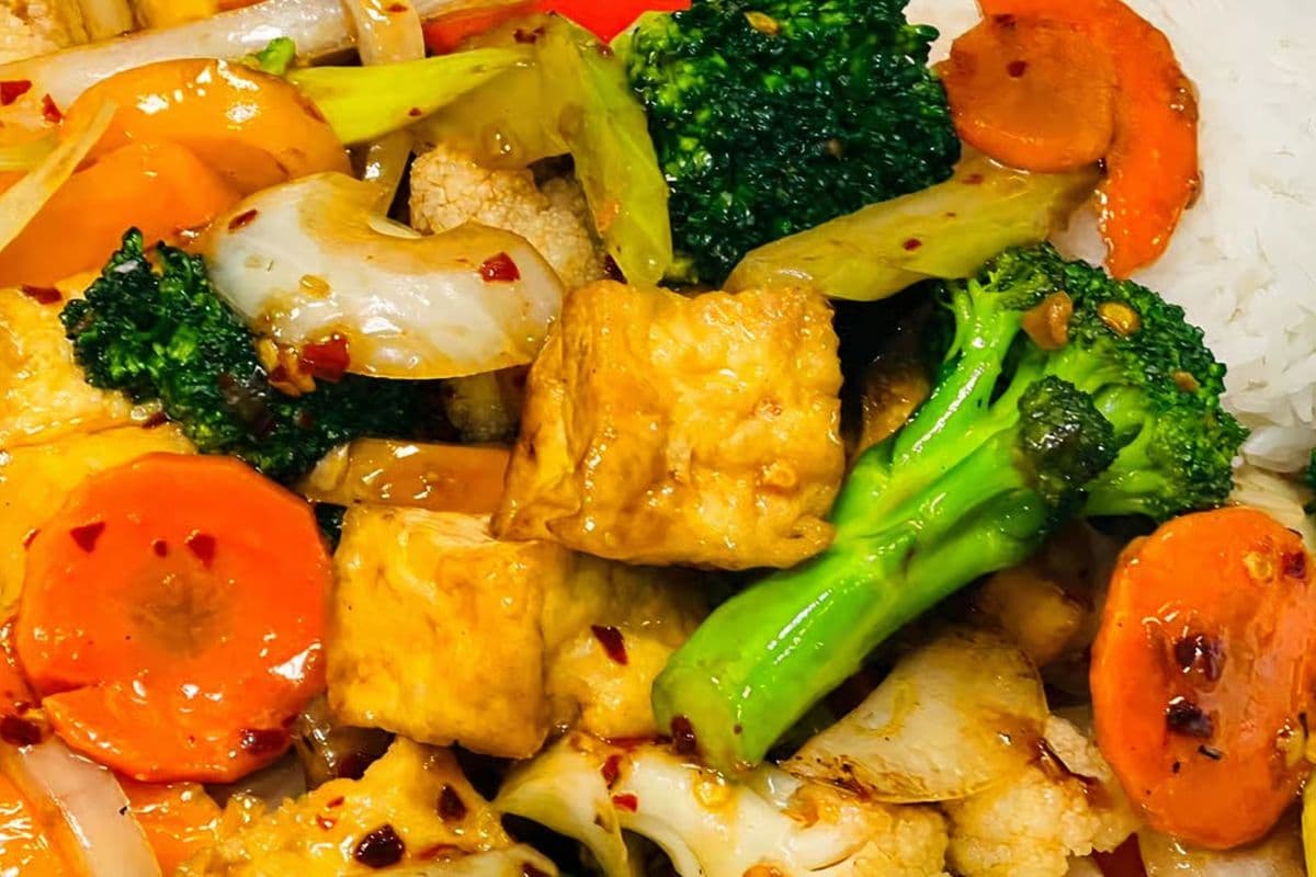 66. Stir-Fried Tofu, Mixed Vegetables on Egg Noodles