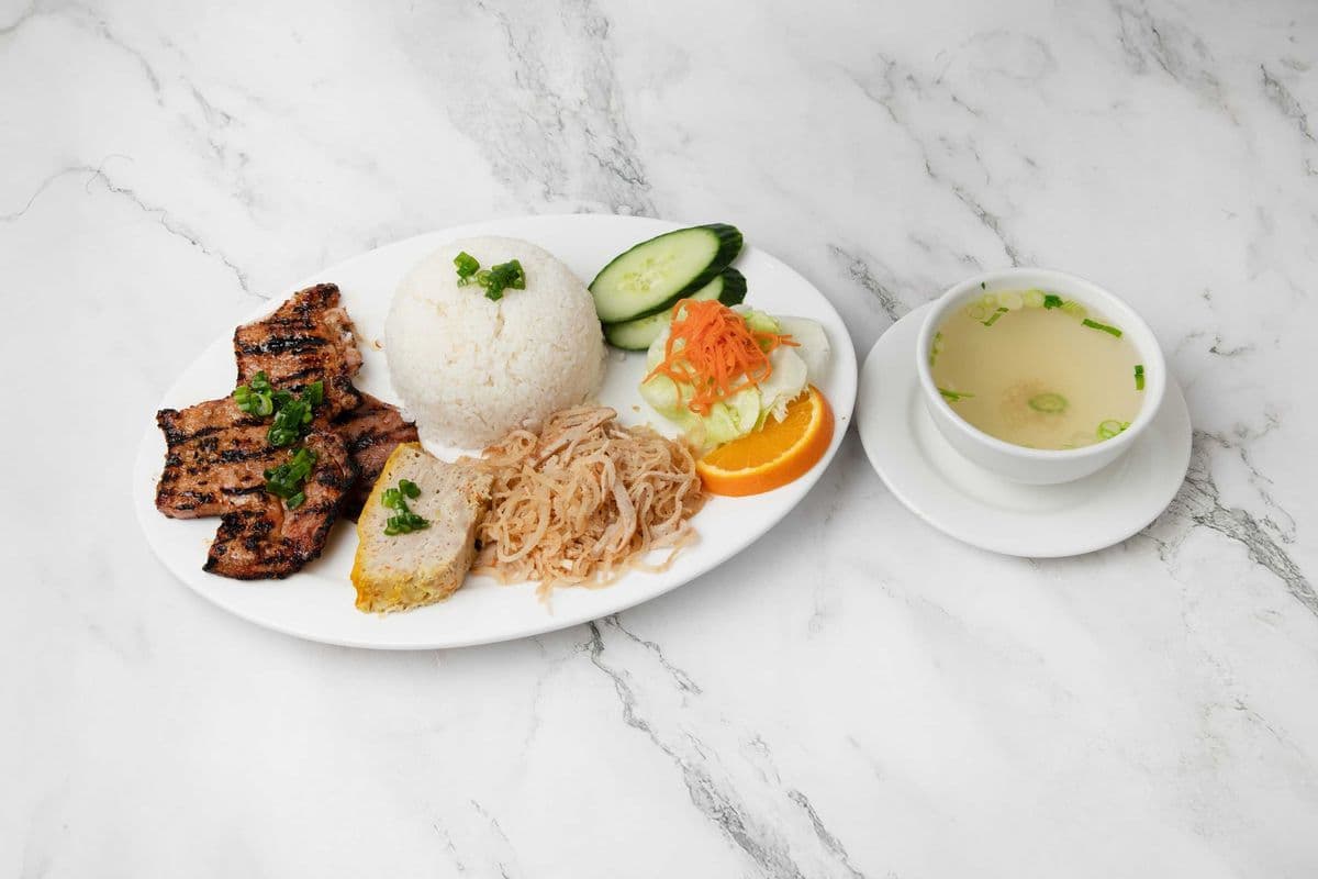 50. Grill Pork Chop, Shredded Pork, and Meat Pie on Broken Rice