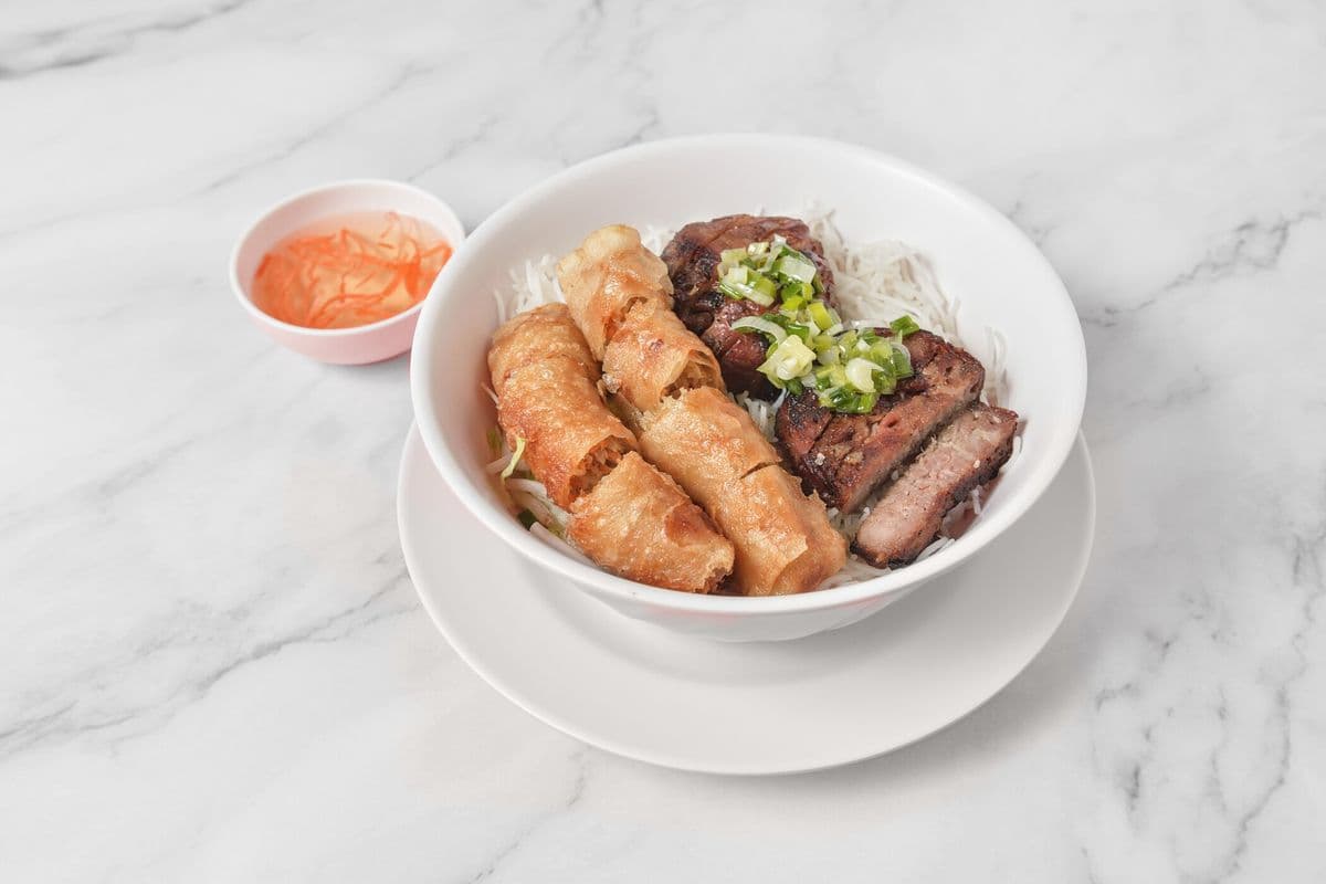 91. Vermicelli with Pork Skewers and Spring Rolls