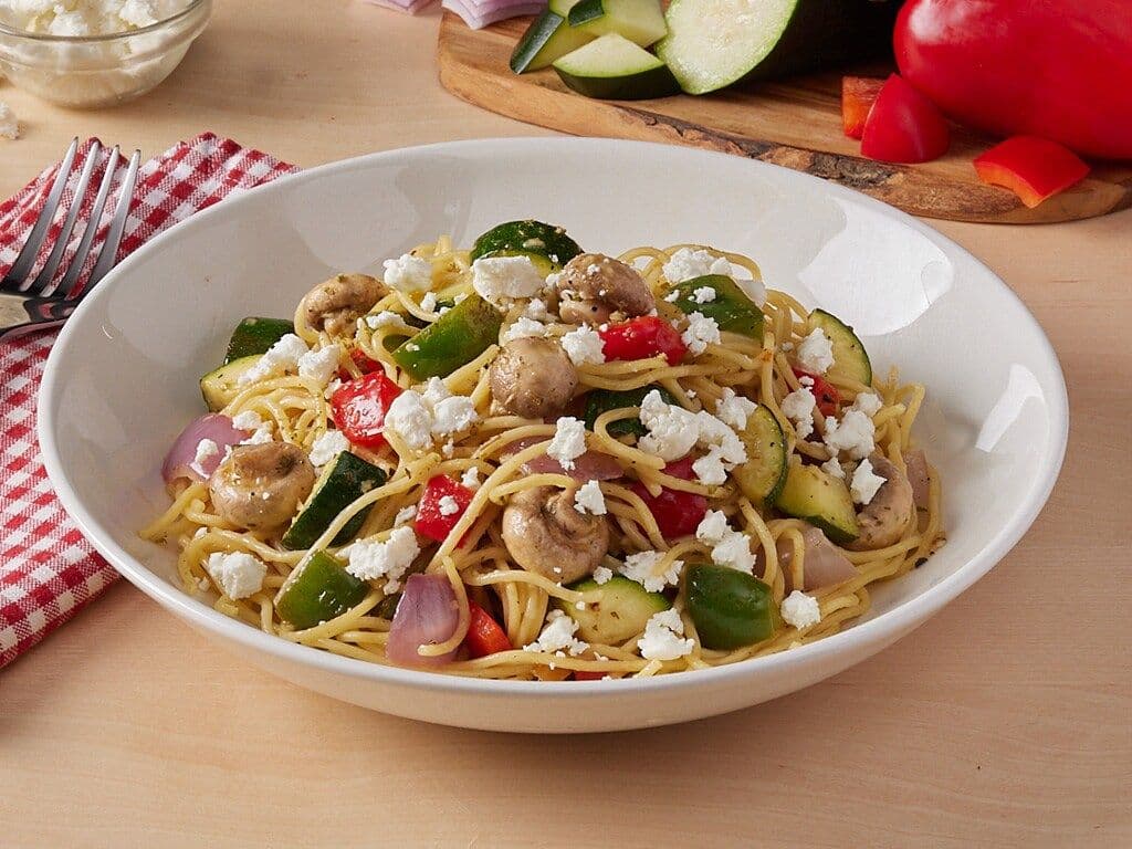 Spaghetti Primavera with Goat Cheese