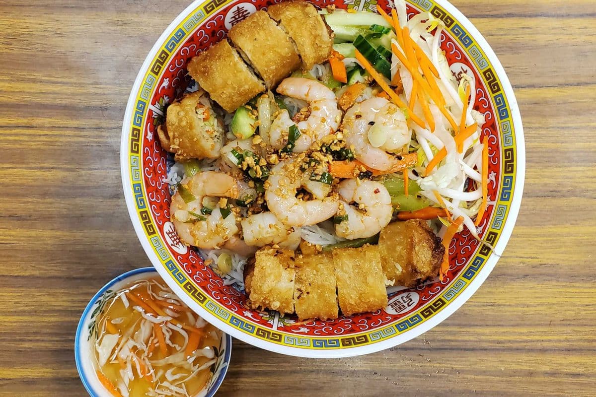 94. Rice Vermicelli with Lemongrass Shrimp and Spring Rolls
