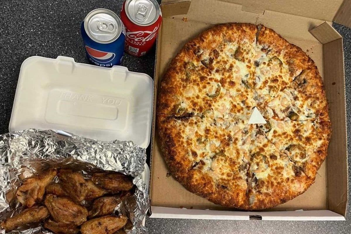 14" Large Five-Topping Pizza, Chicken Wings (10 pcs), and Two Cans (Any)
