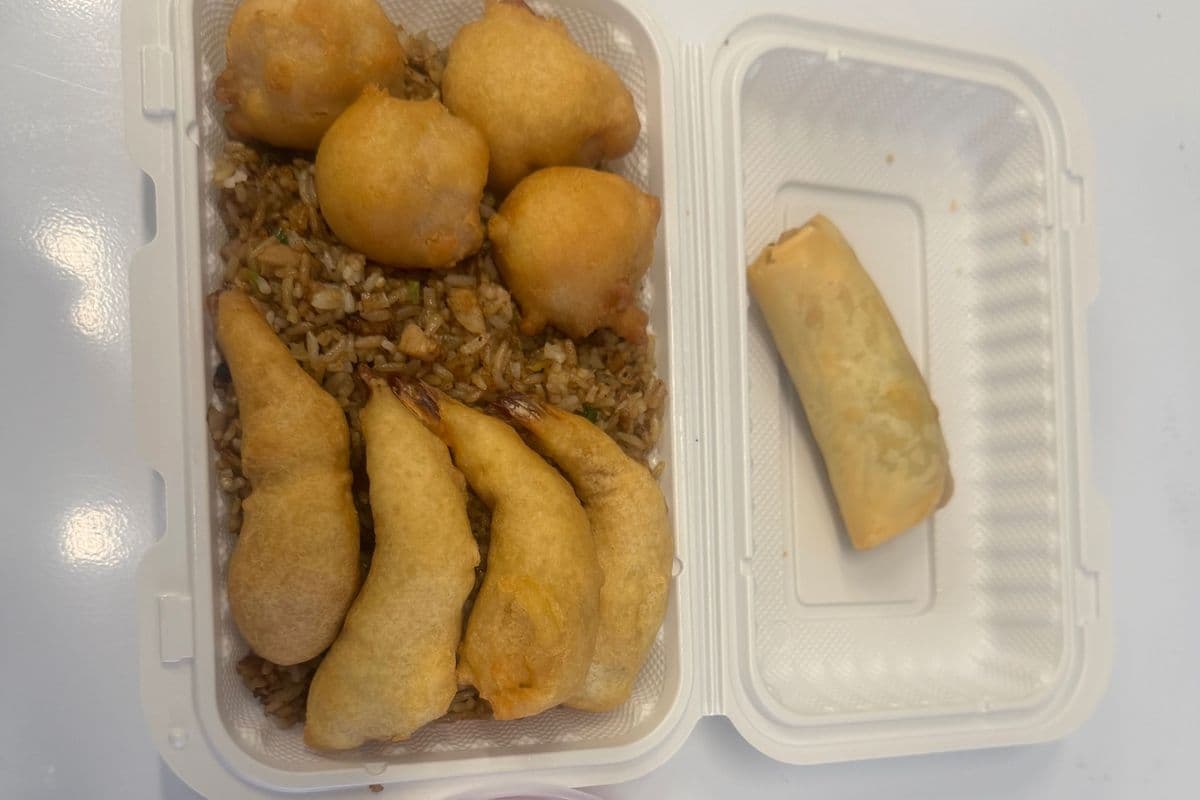 C7. Spring Roll, Sweet-and-Sour Chicken Balls, Breaded Shrimp, and Chicken Fried Rice