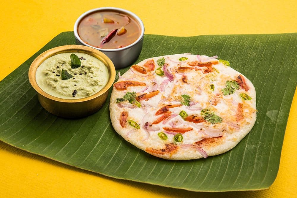 Tomato Onion Uttapam with Chutney and Sambar