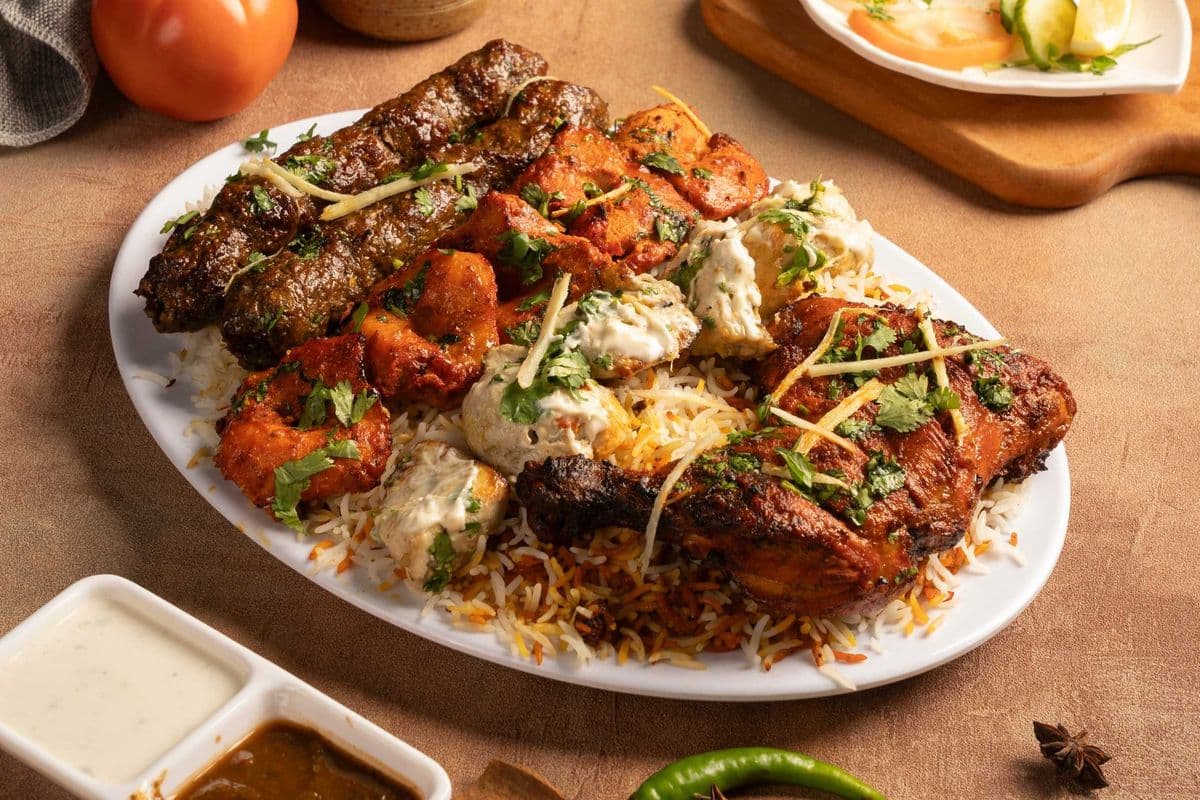 Family Mix BBQ Platter with Biryani Rice with Beef Seekh Kabab