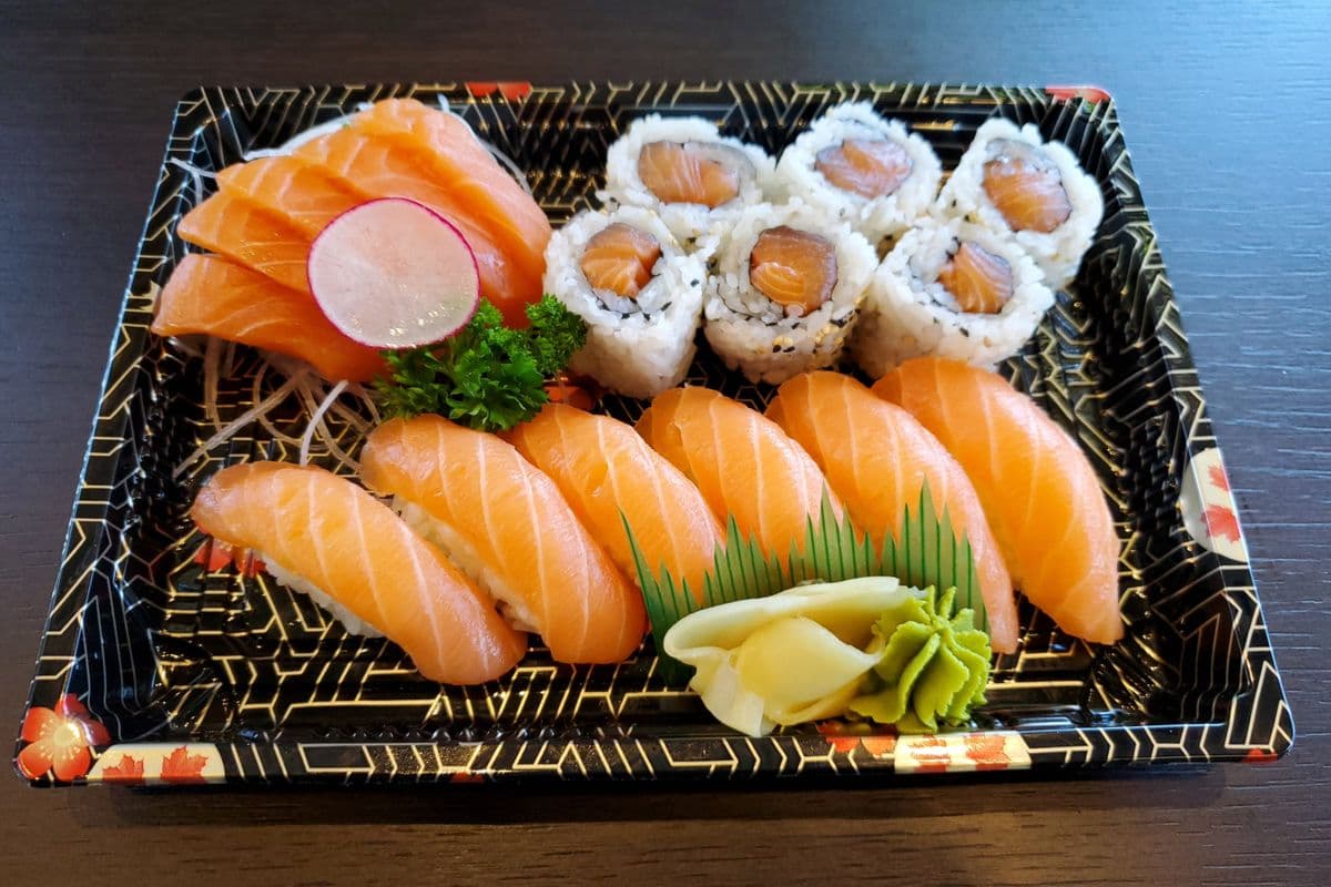 206. Salmon Sashimi (5 pcs), Salmon Sushi (6 pcs), and Salmon Roll (6 pcs) Set