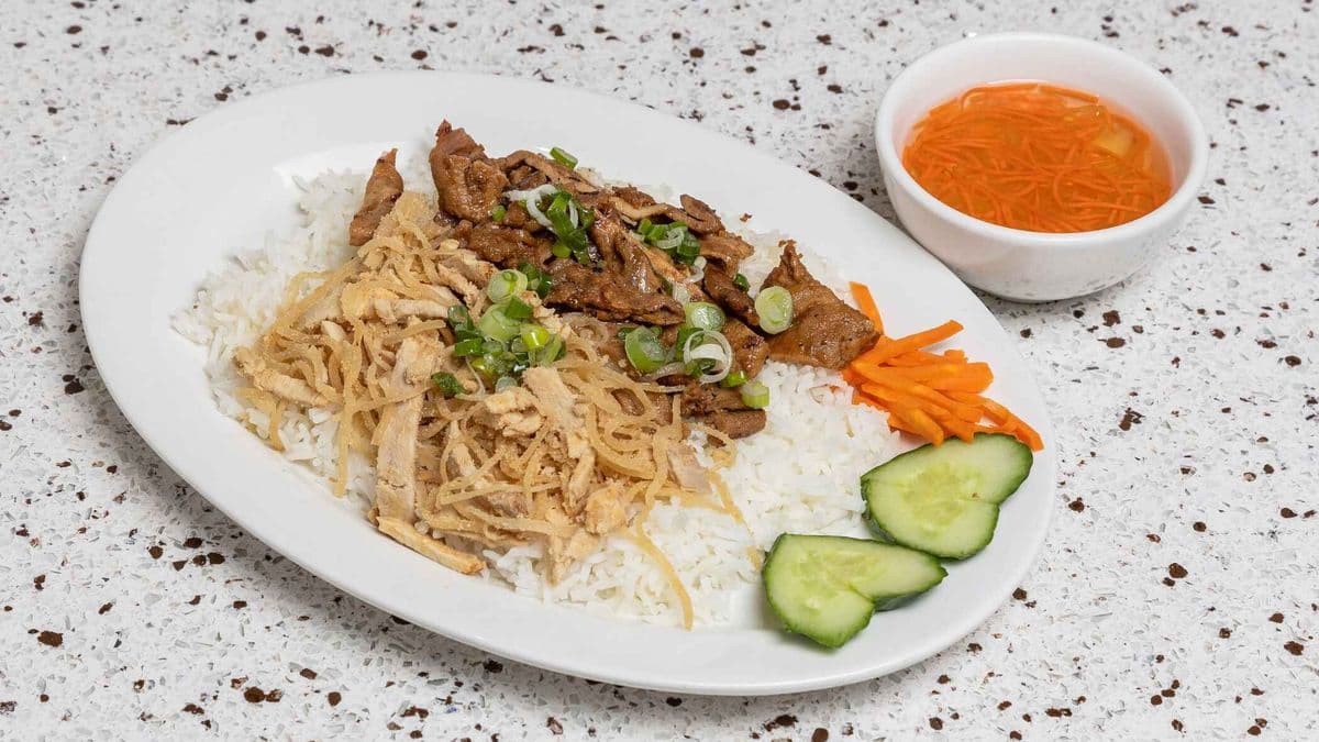 61. Charbroiled Pork, Shredded Pork & Spring Rolls On Steamed Rice