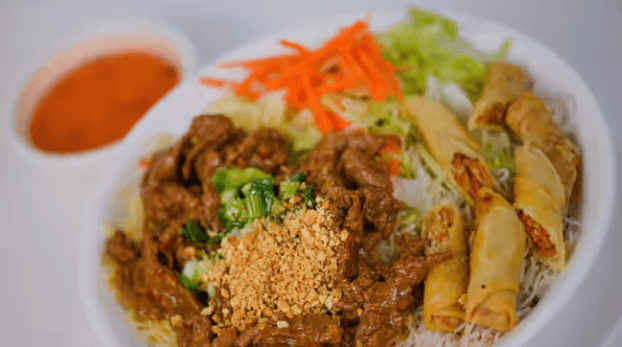 36. Vermicelli with Beef and Spring Rolls - Bun Sate Bo Cha Gio