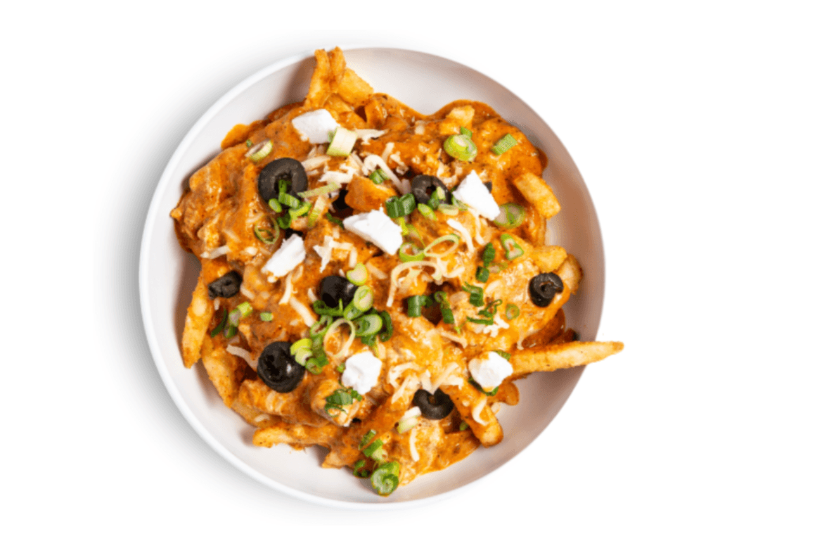 Butter Chicken Poutine w/free pop soda