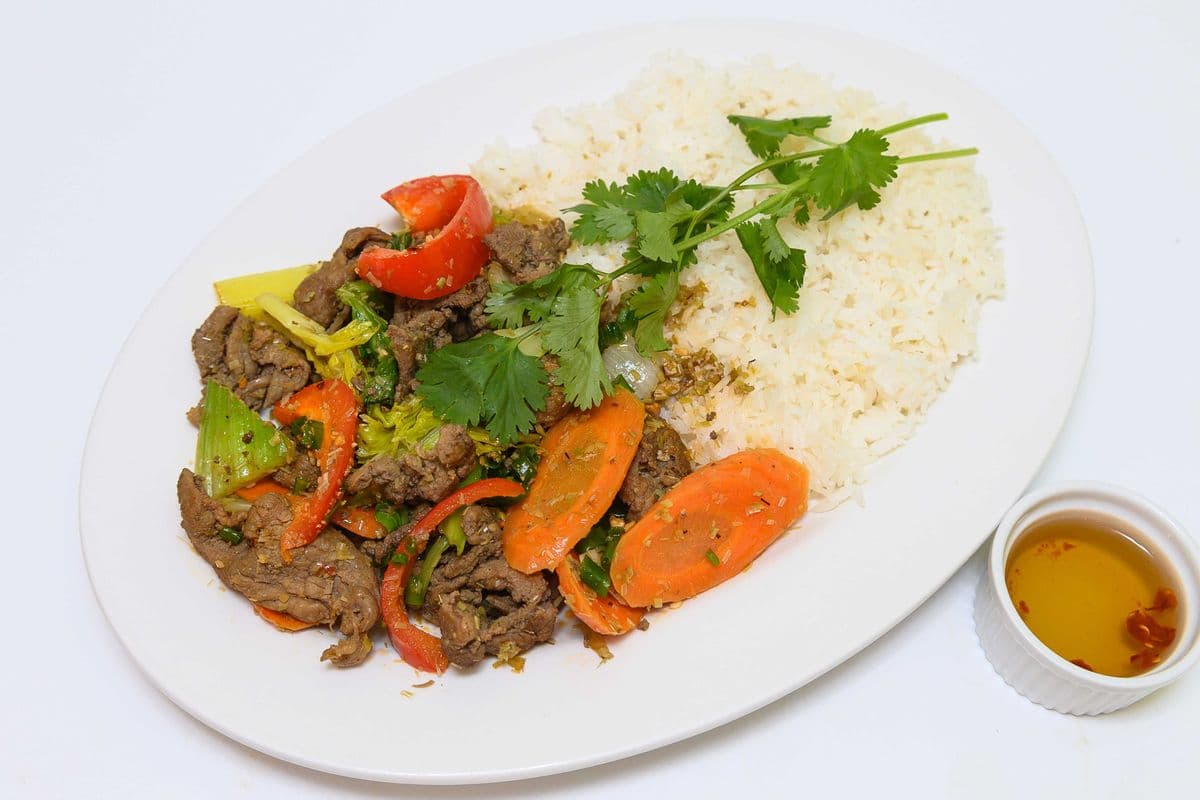 76. Spicy Stir Fried Lemongrass Beef and Vegetables on Steamed Rice