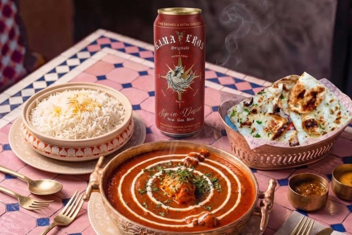 KAMA EROS INDIAN BEER WITH BUTTER CHICKEN PLAIN RICE GARLIC NAAN