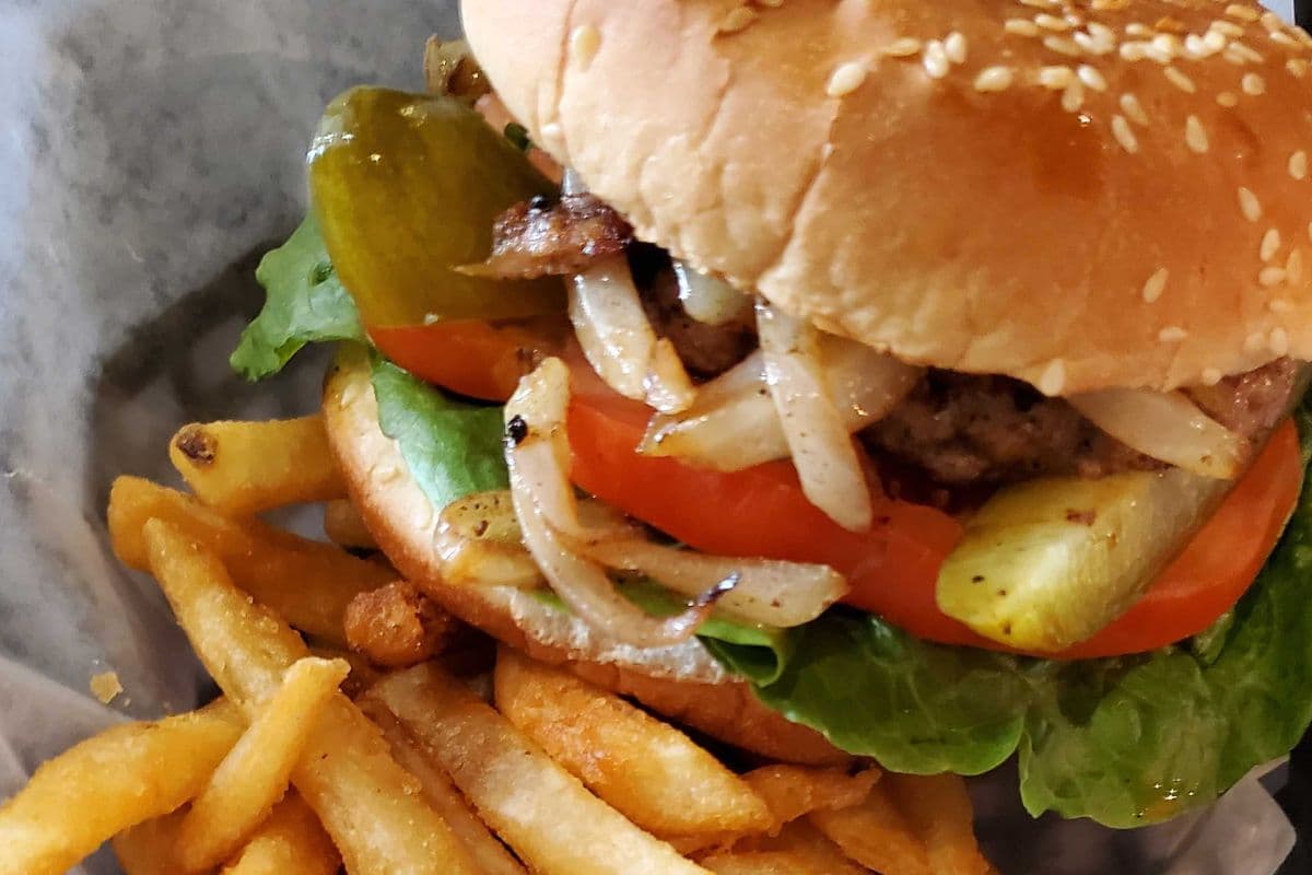 Beef Burger with Fries and Pop