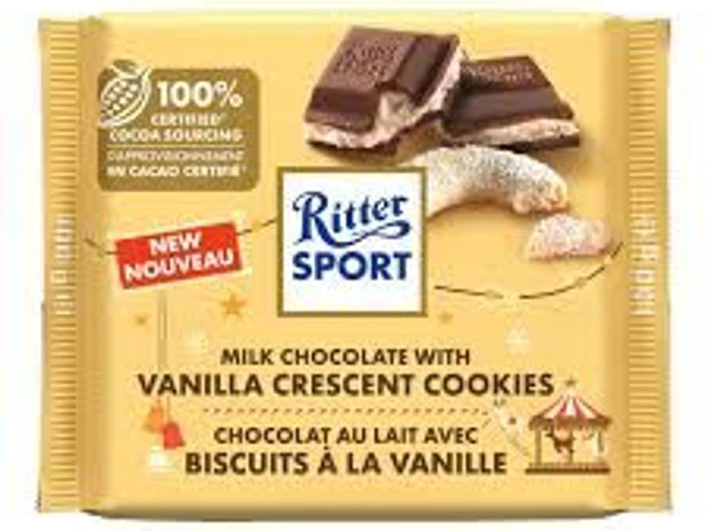RITTER SPORT MILK CHOCOLATE WITH VANILLA CRESCENT COOKIES 100G