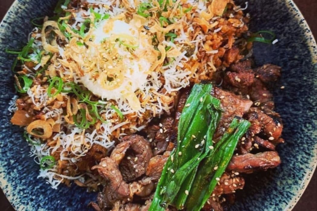 Bacon and Kimchi Fried Rice with Ribeye Steak