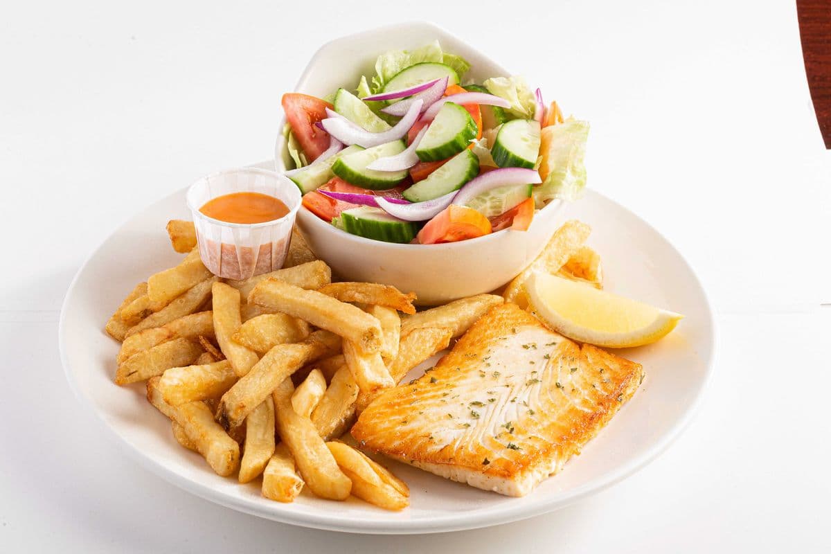 Grilled Halibut, Chips, and Garden Salad