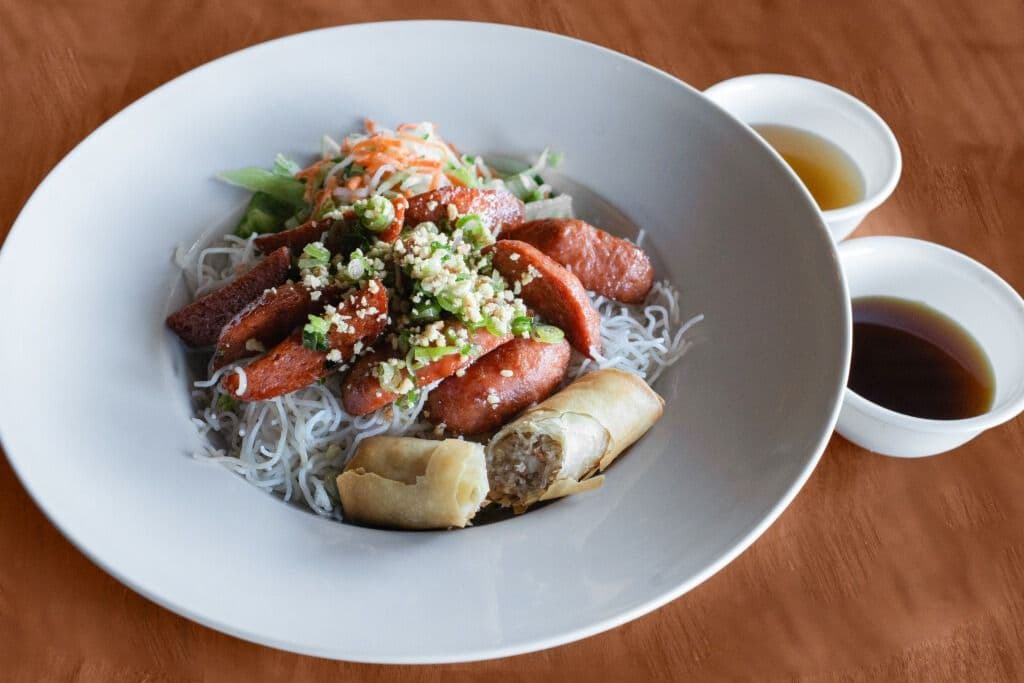 27. Vermicelli, Vegetables, Grilled Meatballs, and Spring Roll