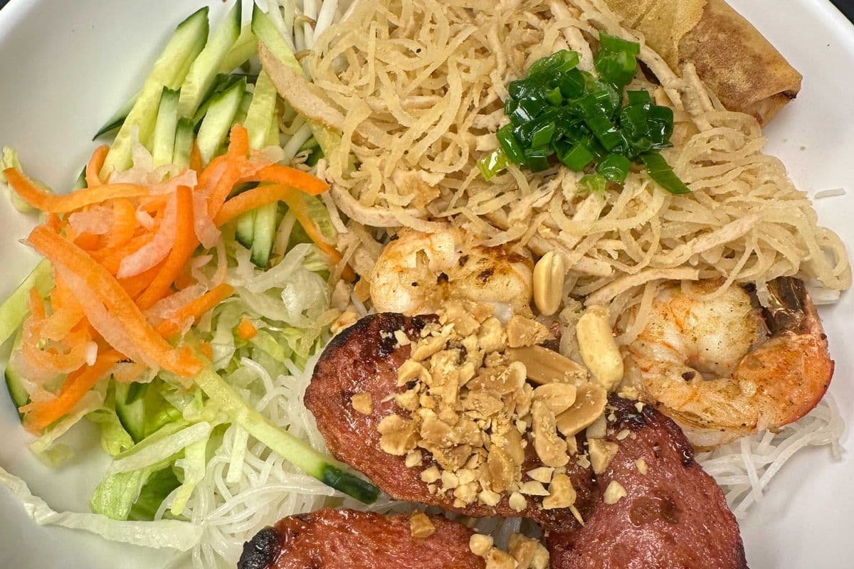 37. Shredded Pork, Shrimp, Grilled Vietnamese Meatballs, and Spring Rolls with Vermicelli