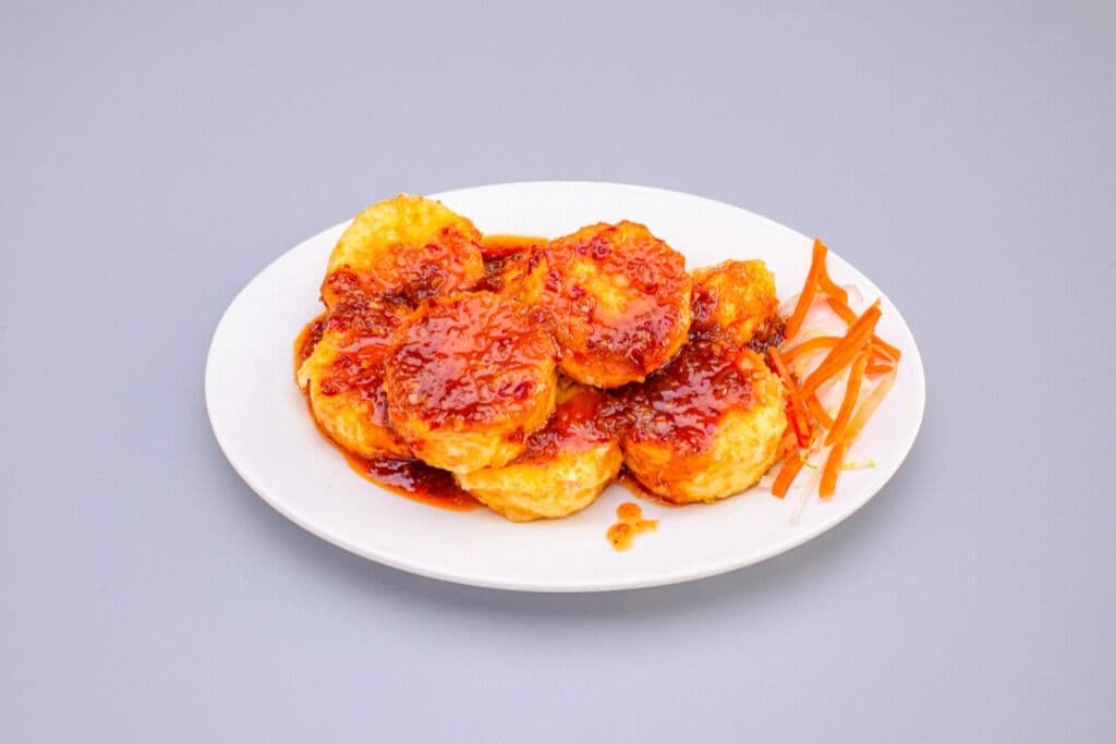 12. Sweet and Sour or Satay Sauce over Egg Tofu