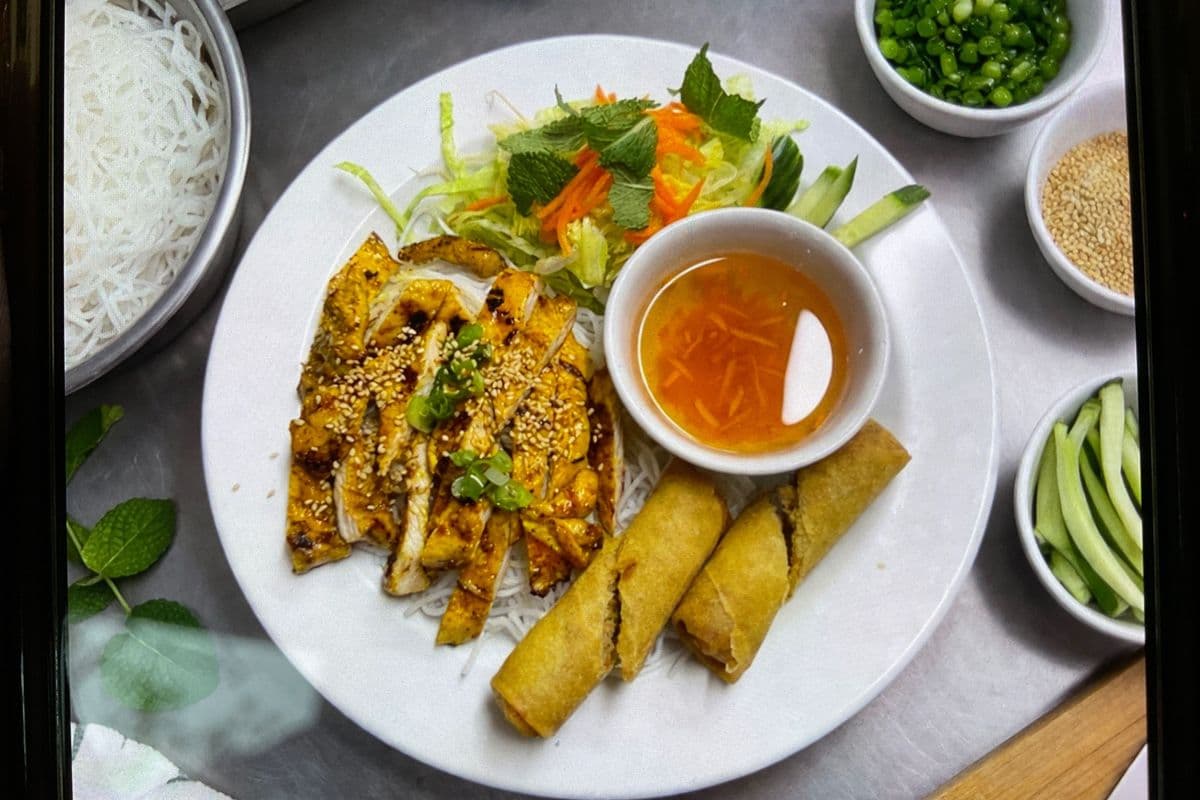 Grilled Chicken and Spring Rolls on Vermicelli