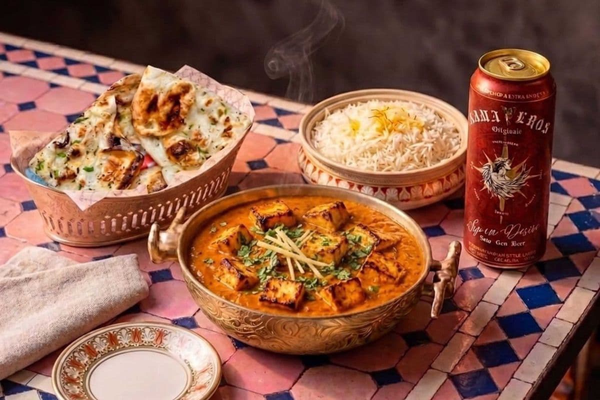KAMA EROS INDIAN BEER WITH PANEER TIKKA MASALA PLAIN RICE GARLIC NAAN