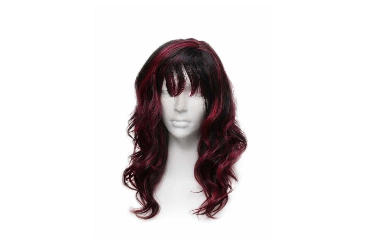 Premium Quality Stress Free Synthetic Wig / 2T1B 118 / Curly with Bangs / Red Mixed With Black 16 Inches