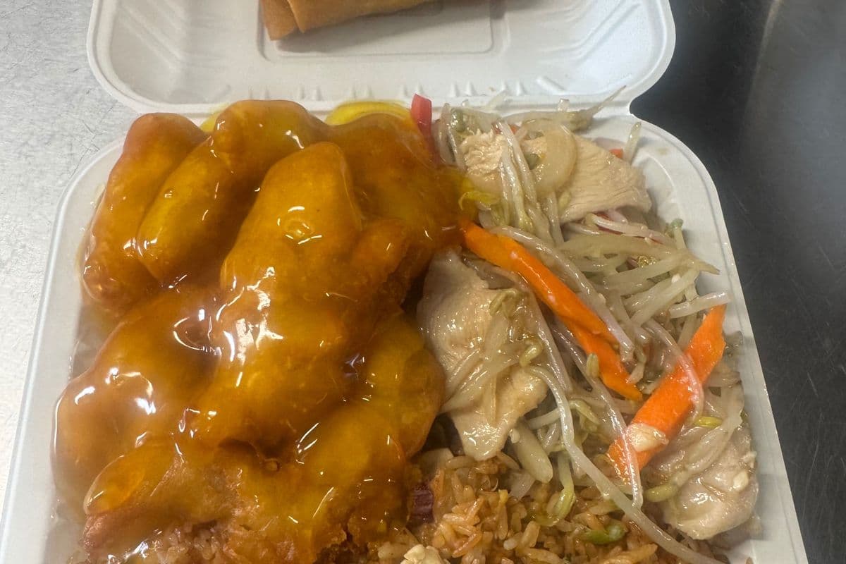 C6. Spring Roll, Chicken Chop Suey, Lemon Chicken, and Chicken Fried Rice