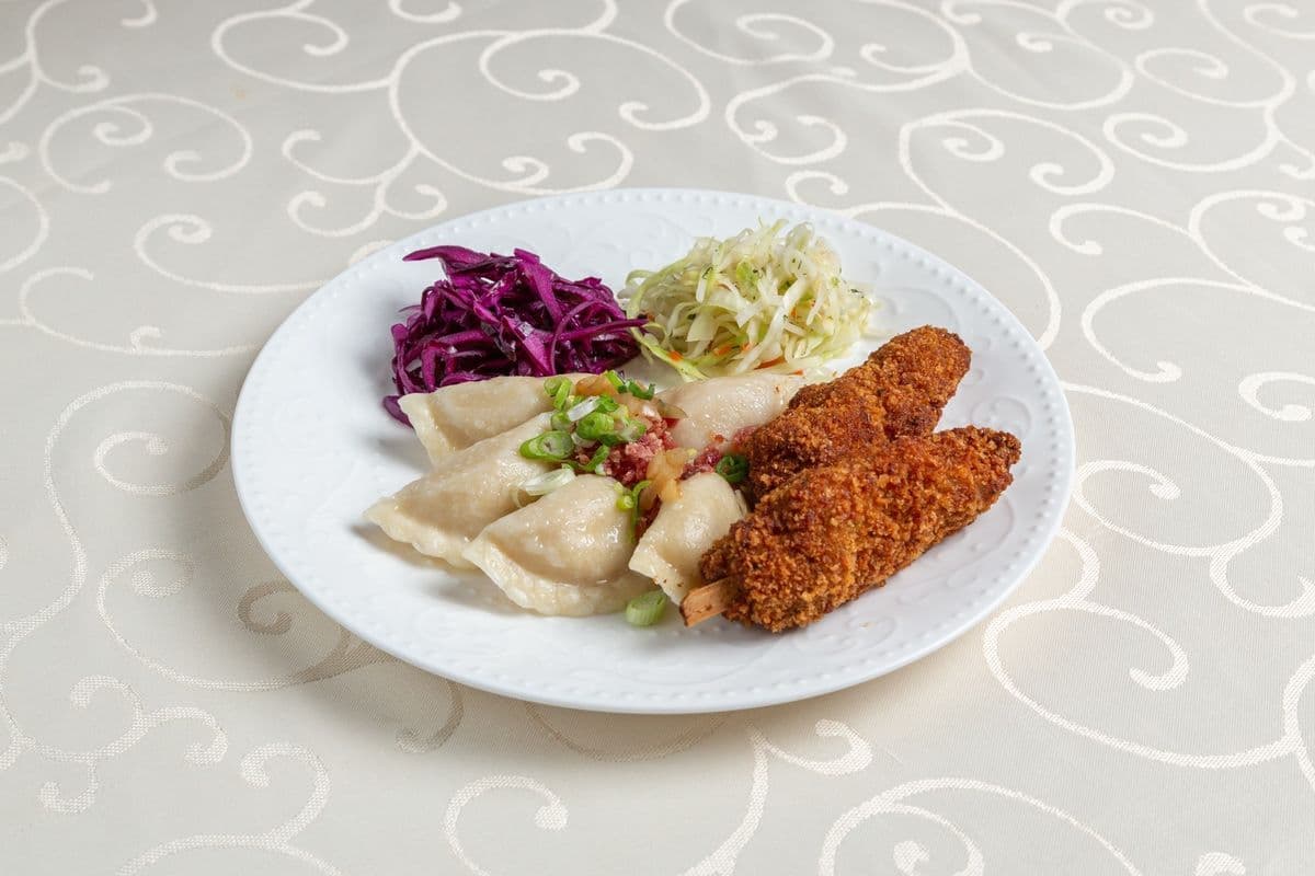 Pierogi with Two Chicken Skewers and Coleslaw