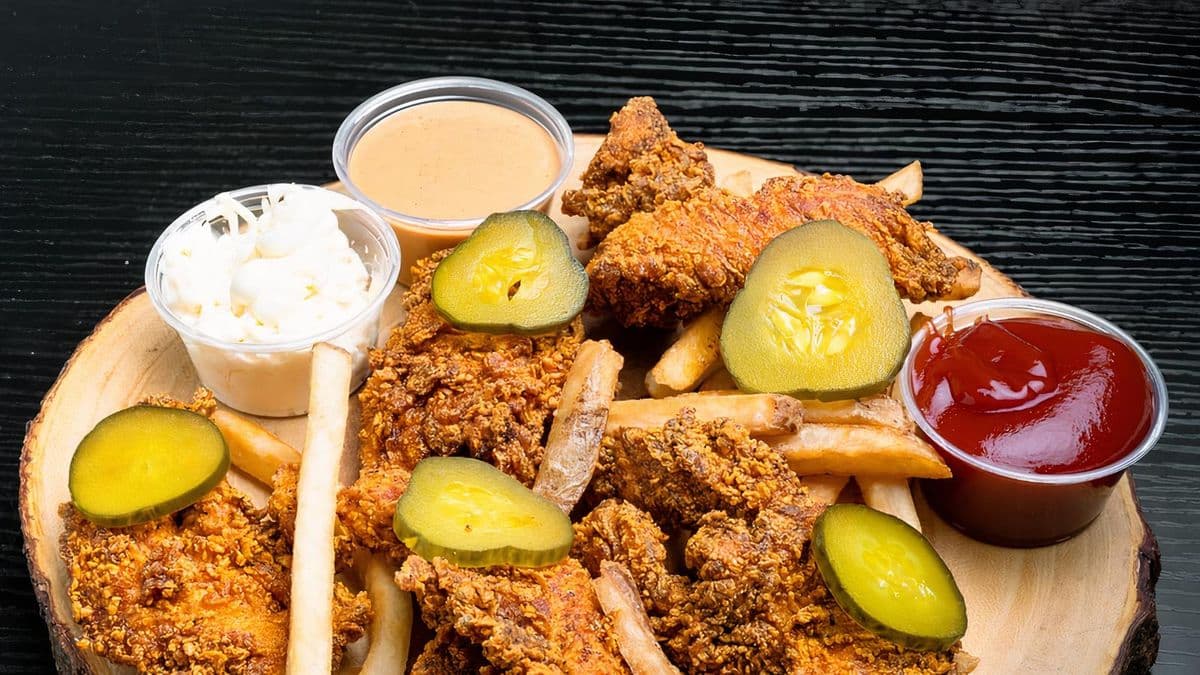 Nashville Hot Fried Chicken Tenders with Fries & Dips