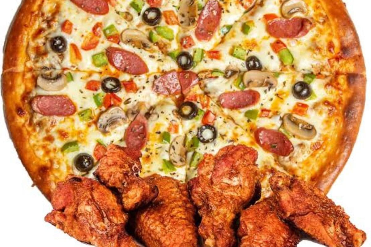 Medium Two Toppings Pizza and 8 Wings