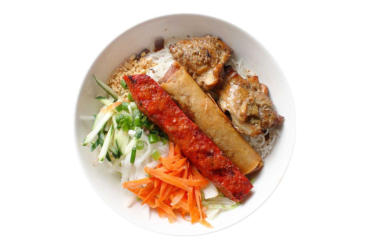36. Grilled Lemongrass Chicken, Spring Roll, and Grilled Sausage Vermicelli