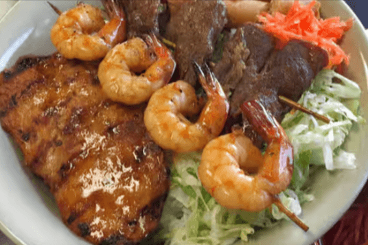45. Special Vermicelli Bowl:Grilled Chicken, Beef Wrapped Onion, Skewered Tiger Prawn, and 2Pcs Spring Rolls