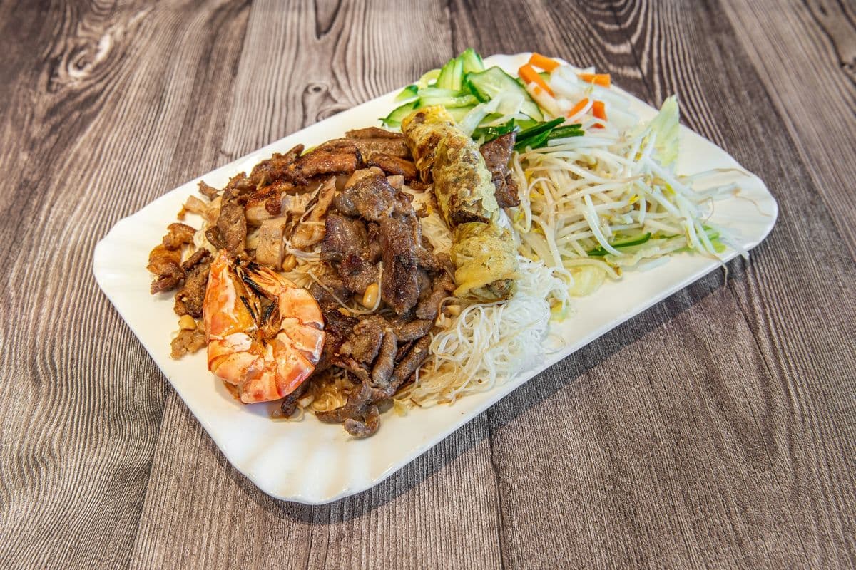 502. Grilled Shrimp, BBQ Pork, and Spring Roll - Tom Nuong, Thit Nuong, Cha Gio