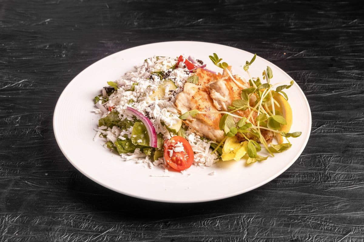 Grilled Pickerel Over Greek Salad