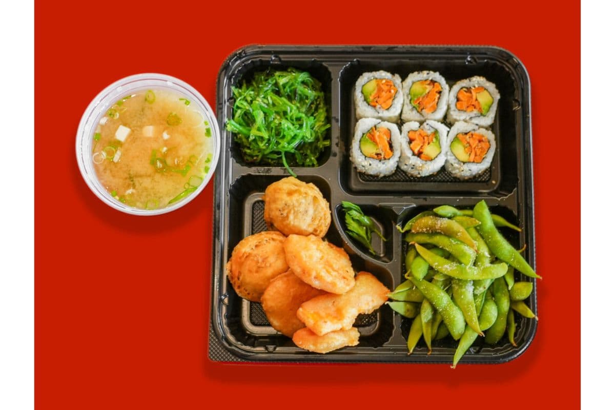 06 Spicy Avocado Yam Roll (6pcs), Edamame, Yam Tempura (2pcs), and Mushroom tempura (2pcs)