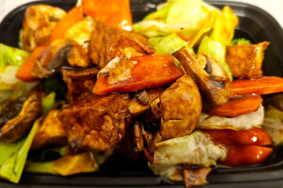 K2. Stir-Fried Tofu with Double Mushrooms and Mixed Greens