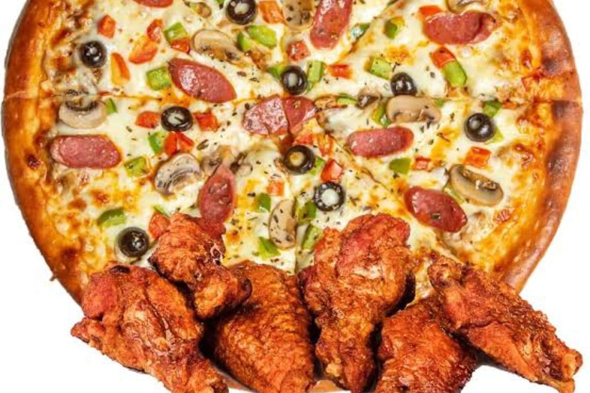 Large Two Toppings Pizza and 8 Wings