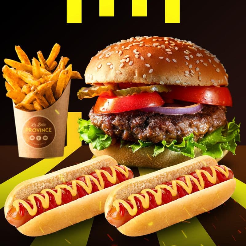 Fiesta 1 : Hamburger, 2 Hot Dog et Frites / Fiesta 1: Hamburger + Hot Dog + Fries