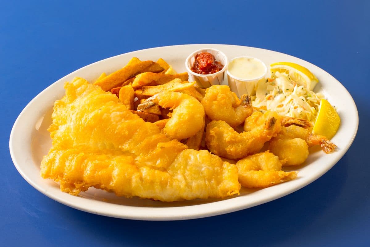 Halibut (1 pc), Shrimp (6 pcs), and Chips Combo